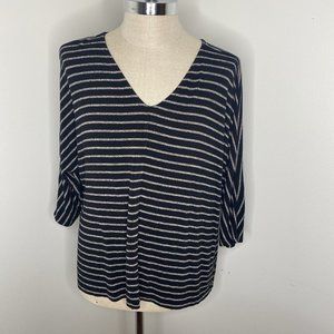 J JIll Pink T- Shirt Women's XL Tunic Top Black Tan Striped  V Neck 3/4 Sleeve